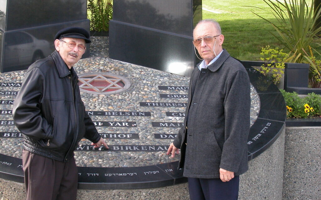 Leopold Lowy, left, and Kalman Bar-on at a Holocaust memorial. (Courtesy Richard Lowy)