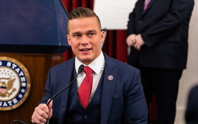 Madison Cawthorn speaks at an American Friends of Lubavitch (Chabad) event on Capitol Hill, March 30, 2022. (Eliau Piha/American Friends of Lubavitch Chabad/via JTA)