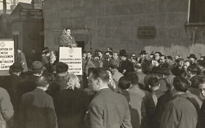 A speaker against antisemitism at a protest at London's Ridley Road, 1948. (Courtesy Community Security Trust)