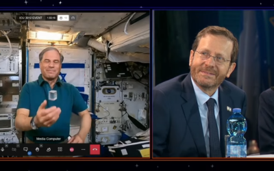 Israeli astronaut Eytan Stibbe, left, talks with Israeli President Isaac Herzog via video link while at the International Space Station, April 10, 2022. (Screen grab/ YouTube) Israeli astronaut Eytan Stibbe, left, talks with Israeli President Isaac Herzog via video link while at the International Space Station, April 10, 2022. (Screen grab/ YouTube)