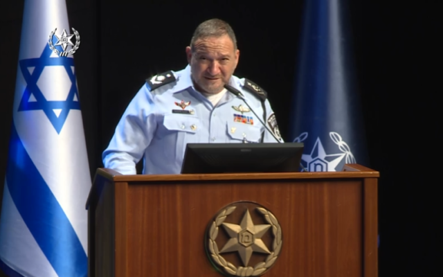 Police Commissioner Kobi Shabtai speaks during an event held at the National Police Academy in Bnei Brak, April 12, 2022. (Screen grab from video released by Israel Police) Police Commissioner Kobi Shabtai speaks during an event held at the National Police Academy in Bnei Brak, April 12, 2022. (Screen grab from video released by Israel Police)