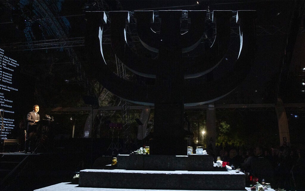 Ukrainian President Volodymyr Zelensky speaks during commemorative events marking the 80th anniversary of the Babi Yar massacre of Jews in 1941 in Kyiv, Ukraine, October 6, 2021. (Ukrainian Presidential Press Office via AP) Ukrainian President Volodymyr Zelensky speaks during commemorative events marking the 80th anniversary of the Babi Yar massacre of Jews in 1941 in Kyiv, Ukraine, October 6, 2021. (Ukrainian Presidential Press Office via AP)