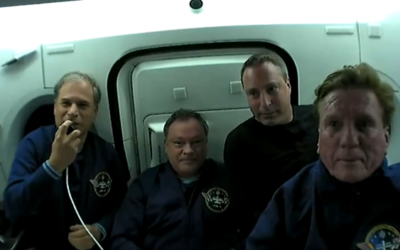 From left to right: Israel’s Eytan Stibbe, mission commander and former NASA astronaut Michael López-Alegría, mission specialist Mark Pathy and US pilot Larry Connor. (Screen grab / SpaceX)
