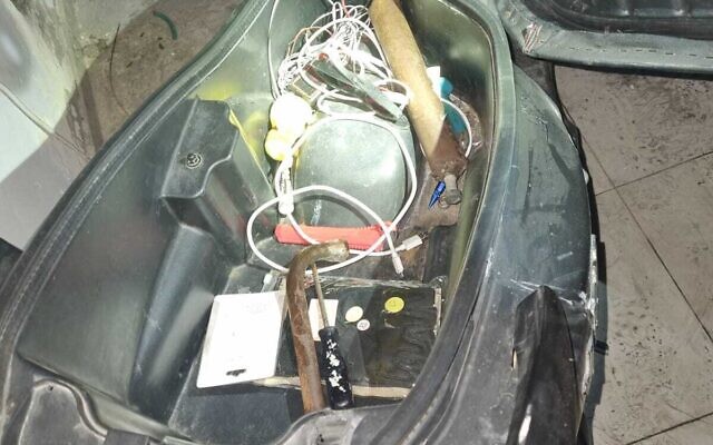 Explosive device police say they found in a terror suspect's scooter during arrest raid in Jenin, April 6, 2022 (Israel Police) Explosive device police say they found in a terror suspect's scooter during arrest raid in Jenin, April 6, 2022 (Israel Police)