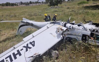 The scene of an ultralight aircraft crash near Rosh Pina in northern Israel, on April 23, 2022. (Israel Fire and Rescue Services)