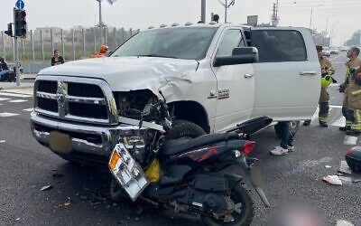 The scene of a traffic accident at the Regba junction, on the Route 4 highway in northern Israel, on April 23, 2022. (Magen David Adom)