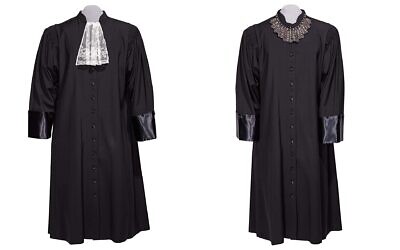 Justice Ginsburg's white lace jabot (L) and her black robe from Maison Blanc (R) are two of the artifacts the late justice's children are donating to the Smithsonian’s National Museum of American History. (Jaclyn Nash, courtesy of the National Museum of American History via JTA)