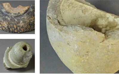 Remains of 12th century Medieval vessels discovered in Jerusalem's Old City, including (far right) a fragment of the sphero-conical vessel that was identified as containing an explosive material from Jerusalem, Israel. (Robert Mason, Royal Ontario Museum)