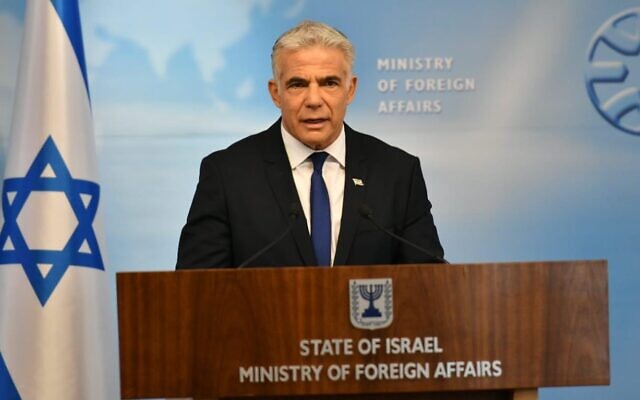 Foreign Minister Yair Lapid gives a briefing to journalists at the Jerusalem-based Foreign Ministry, April 24, 2022. (Shlomi Amsalem/GPO) Foreign Minister Yair Lapid gives a briefing to journalists at the Jerusalem-based Foreign Ministry, April 24, 2022. (Shlomi Amsalem/GPO)