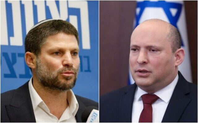 Composite photo: Prime Minister Naftali Bennett (R) and MK Bezalel Smotrich (Flash90) Composite photo: Prime Minister Naftali Bennett (R) and MK Bezalel Smotrich (Flash90)