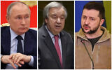 Russian President Vladimir Putin, UN Secretary-General Antonio Guterres, and Ukraine's President Volodymyr Zelensky. (Mikhail Tereshchenko/Sputnik via AFP; Timothy A. Clary; Sergei Supinsky/AFP)