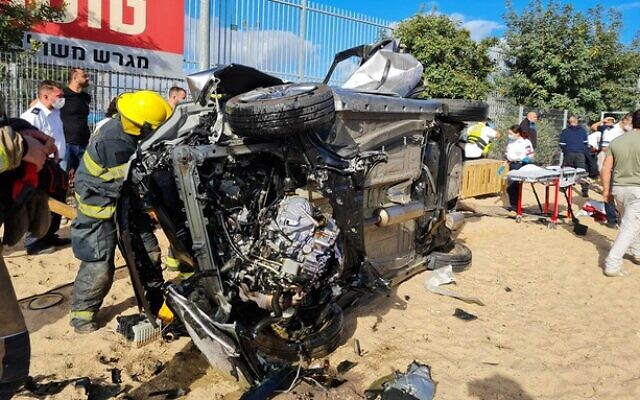 The scene of a deadly car crash at a dog park in Kiryat Motzkin, on April 21, 2022. (Fire and Rescure Services) The scene of a deadly car crash at a dog park in Kiryat Motzkin, on April 21, 2022. (Fire and Rescure Services)