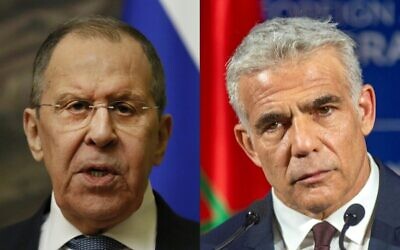 Russian Foreign Minister Sergey Lavrov (left) attends a press conference in Moscow on April 27, 2022 and Foreign Minister Yair Lapid addresses a press conference in Casablanca, on August 12, 2021. (Yuri KOCHETKOV / various sources / AFP)
