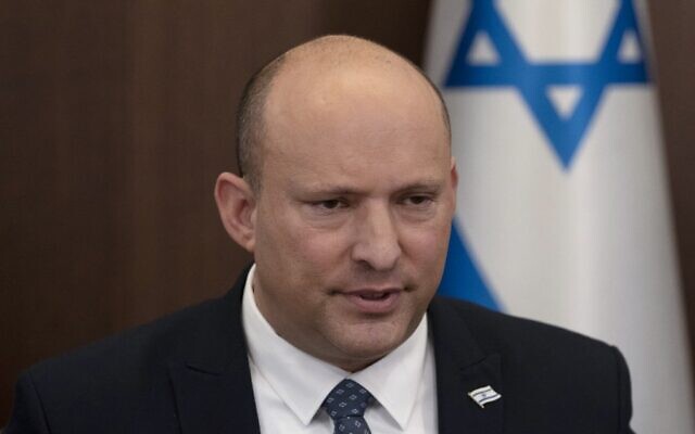 Prime Minister Naftali Bennett chairs the weekly cabinet meeting at his office in Jerusalem on May 8, 2022. (Maya Alleruzzo/Pool/AFP) Prime Minister Naftali Bennett chairs the weekly cabinet meeting at his office in Jerusalem on May 8, 2022. (Maya Alleruzzo/Pool/AFP)