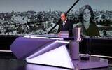 Al Jazeera's Abdel Samad Nasser broadcasts a report before an image of his network colleague Shireen Abu Akleh at the Qatari news broadcaster's main headquarters in the capital Doha on May 11, 2022. Abu Akleh was shot dead during clashes between Israeli troops and Palestinian gunmen as she covered an IDF raid on the West Bank's Jenin refugee camp earlier in the day. (Karim Jaafar / AFP)