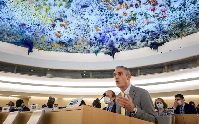 Ambassador Jerome Bonnafont, permanent representative of France to the United Nations office in Geneva, gives a speech during a special session of the UN Human Rights Council on the war in Ukraine, in Geneva on May 12, 2022. (Fabrice COFFRINI / AFP)