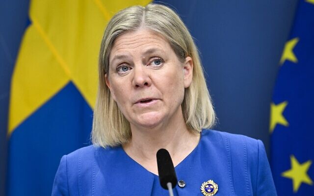 Sweden's Prime Minister Magdalena Andersson gives a news conference in the capital Stockholm on May 16, 2022. (Henrik Montgomery/Various Sources/AFP) Sweden's Prime Minister Magdalena Andersson gives a news conference in the capital Stockholm on May 16, 2022. (Henrik Montgomery/Various Sources/AFP)
