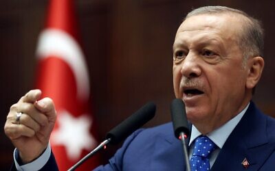 Turkey's President Recep Tayyip Erdogan delivers a speech during a meeting of his Justice and Development party at the Turkish Grand National Assembly in Ankara, on May 18, 2022. (Adem Altan/AFP)