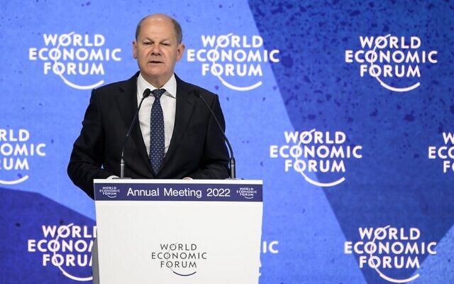 German Chancellor Olaf Scholz addresses the World Economic Forum in Davos, Switzerland, on May 26, 2022. (Fabrice Coffrini/AFP) German Chancellor Olaf Scholz addresses the World Economic Forum in Davos, Switzerland, on May 26, 2022. (Fabrice Coffrini/AFP)