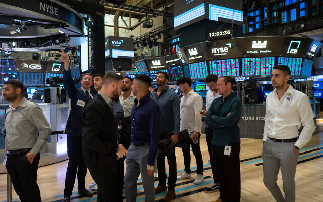 A Belev Echad group tours the New York Stock Exchange in New York City, May 17, 2022. (Luke Tress/Times of Israel)