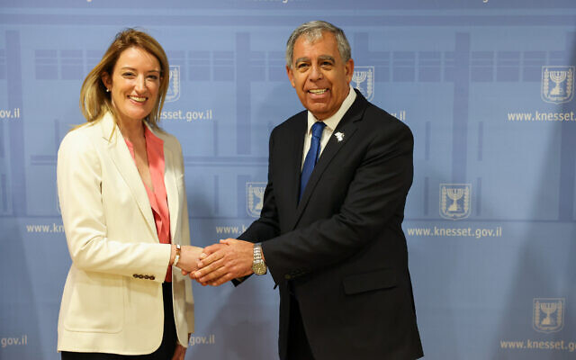 Knesset Speaker Mickey Levy meets with European Parliament President Roberta Metsola at the Knesset in Jerusalem on May 23, 2022. (Noam Moskowitz/Knesset)