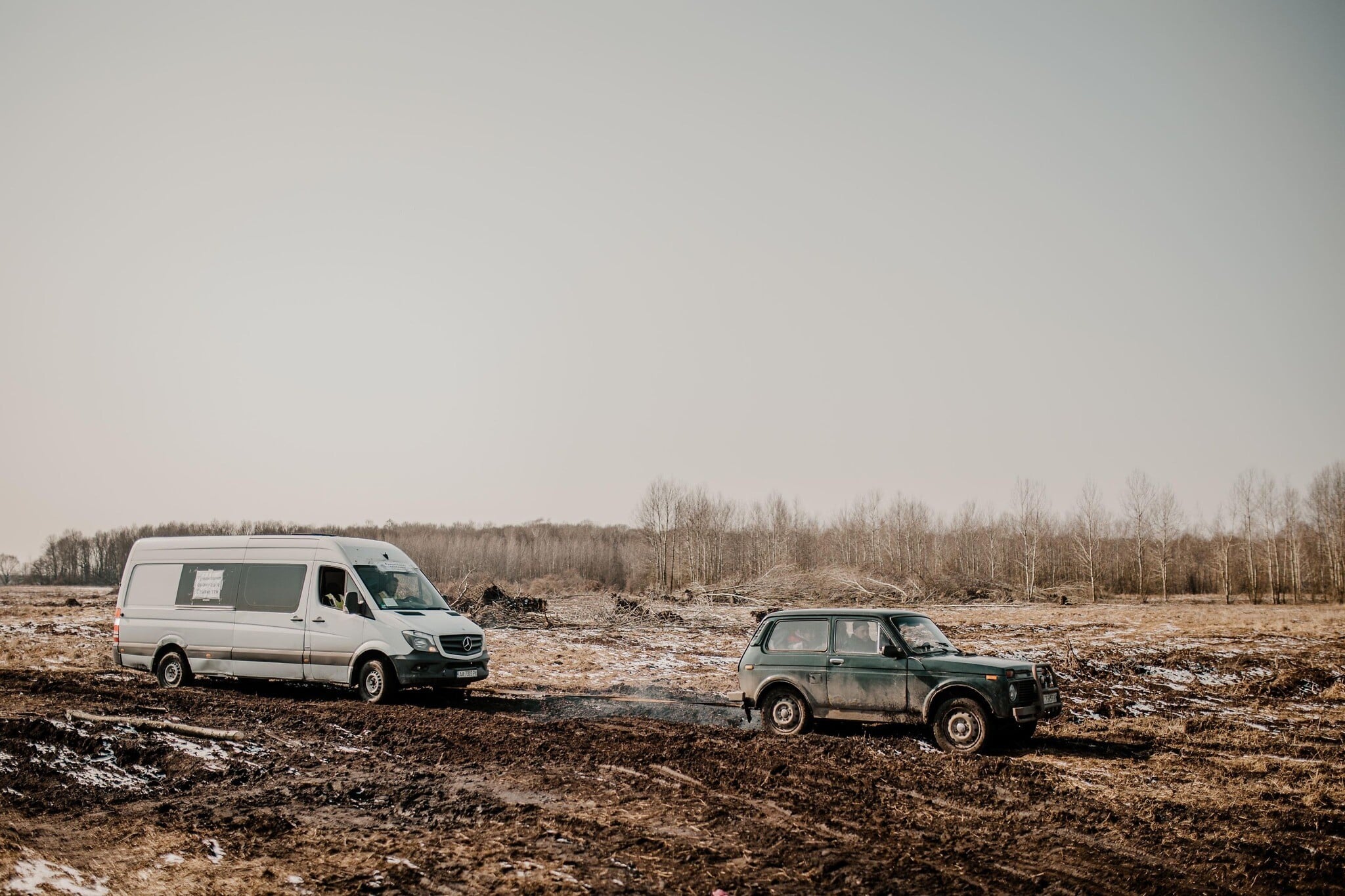The rescue convoy from Yaroslavka, Ukraine, was forced to travel through muddy fields as the roads were occupied by Russian soldiers, March 20, 2022. (Klara Lisinski/ Dorcas Kauffman) The rescue convoy from Yaroslavka, Ukraine, was forced to travel through muddy fields as the roads were occupied by Russian soldiers, March 20, 2022. (Klara Lisinski/ Dorcas Kauffman)