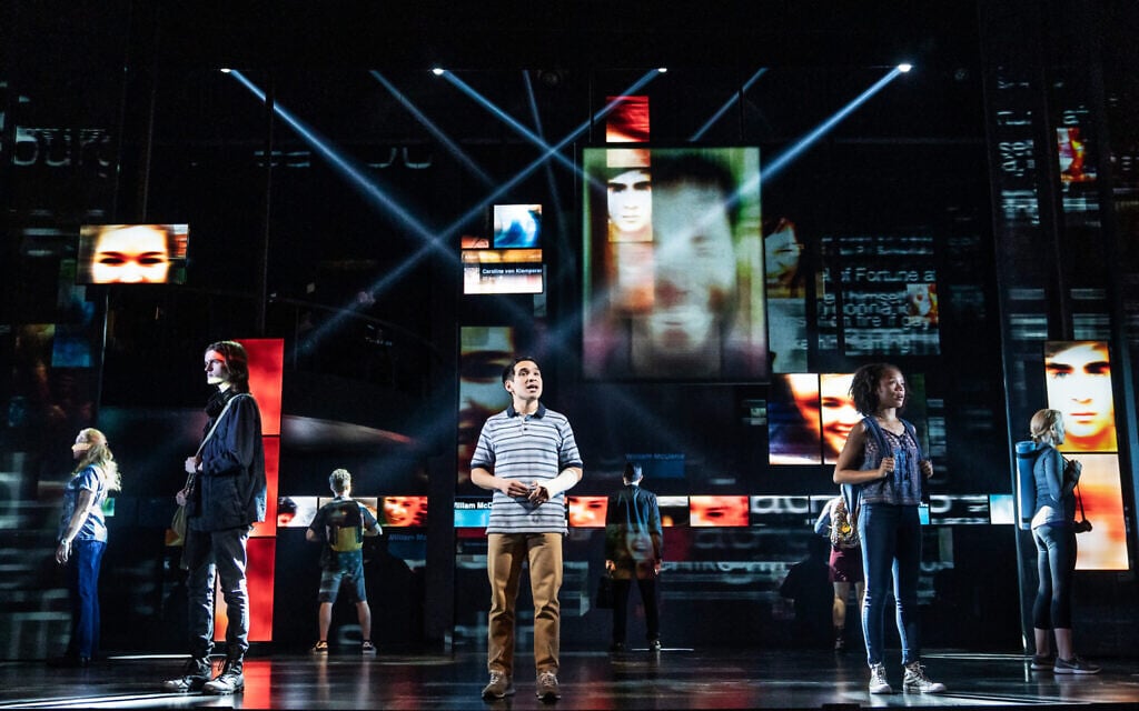 Zachary Noah Piser onstage as Evan Hansen. (Matthew Murphy/ via JTA)