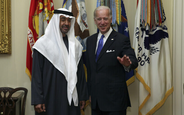 Then US Vice President Joe Biden meets with Abu Dhabu's Mohamed bin Zayed Al Nahyan at the White House in Washington, April 2010. (AP Photo/J. Scott Applewhite) Then US Vice President Joe Biden meets with Abu Dhabu's Mohamed bin Zayed Al Nahyan at the White House in Washington, April 2010. (AP Photo/J. Scott Applewhite)