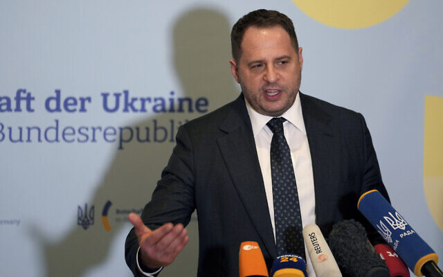 Andriy Yermak, Head of the Office of the President of Ukraine, addresses the media during a press conference at the embassy of the Ukraine in Berlin, Germany, February 11, 2022. (AP/Michael Sohn) Andriy Yermak, Head of the Office of the President of Ukraine, addresses the media during a press conference at the embassy of the Ukraine in Berlin, Germany, February 11, 2022. (AP/Michael Sohn)