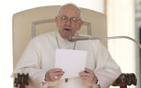 Pope Francis delivers his speech during the weekly general audience in St. Peter's Square, at the Vatican, April 27, 2022. (AP Photo/Andrew Medichini)