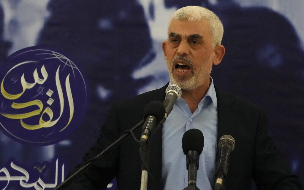 Yahya Sinwar, head of Hamas in Gaza, delivers a speech during a meeting with people at a hall on the sea side of Gaza City, April 30, 2022. (AP Photo/Adel Hana) Yahya Sinwar, head of Hamas in Gaza, delivers a speech during a meeting with people at a hall on the sea side of Gaza City, April 30, 2022. (AP Photo/Adel Hana)