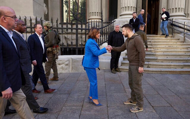 In this image released by the Ukrainian Presidential Press Office on May 1, 2022, Ukrainian President Volodymyr Zelensky, center right, and US Speaker of the House Nancy Pelosi shake hands during their meeting in Kyiv, Ukraine, on April 30, 2022 (Ukrainian Presidential Press Office via AP) In this image released by the Ukrainian Presidential Press Office on May 1, 2022, Ukrainian President Volodymyr Zelensky, center right, and US Speaker of the House Nancy Pelosi shake hands during their meeting in Kyiv, Ukraine, on April 30, 2022 (Ukrainian Presidential Press Office via AP)
