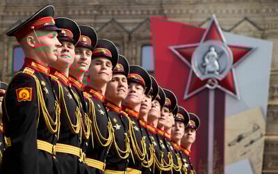 Russian servicemen march during a dress rehearsal for the Victory Day military parade in Moscow, Russia, on May 7, 2022. (AP Photo/Alexander Zemlianichenko)