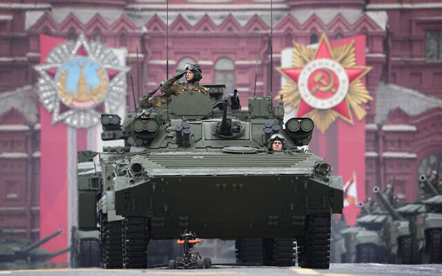 Russian military vehicles roll during the Victory Day military parade in Moscow, Russia, May 9, 2022, marking the 77th anniversary of the end of World War II. (AP Photo/Alexander Zemlianichenko)