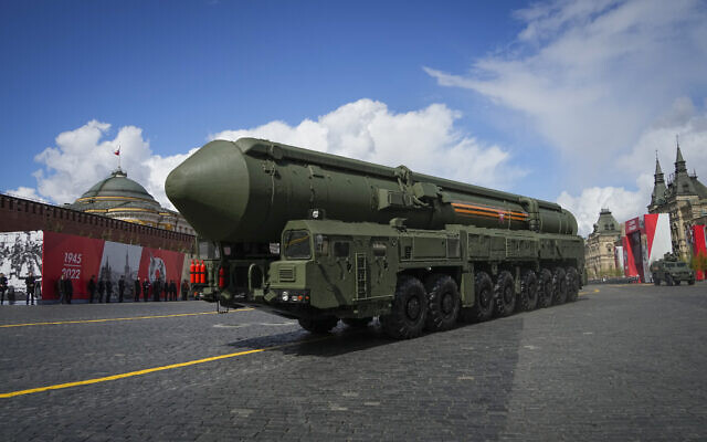 Russian RS-24 Yars ballistic missile rolls during the Victory Day military parade in Moscow, Russia, May 9, 2022, marking the 77th anniversary of the end of World War II. (AP Photo/Alexander Zemlianichenko)