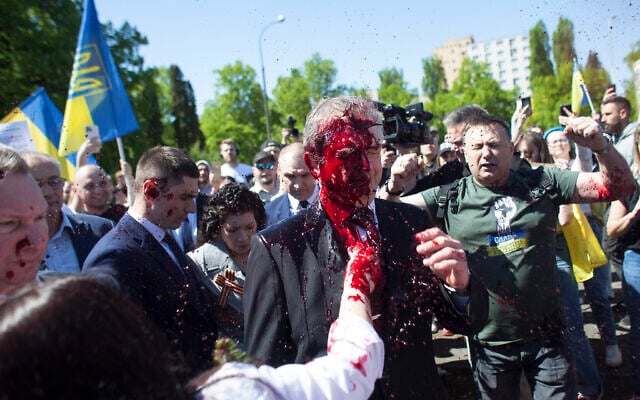 Russian Ambassador to Poland Sergey Andreev is covered with red paint in Warsaw, Poland, May 9, 2022. (AP Photo/Maciek Luczniewski) Russian Ambassador to Poland Sergey Andreev is covered with red paint in Warsaw, Poland, May 9, 2022. (AP Photo/Maciek Luczniewski)