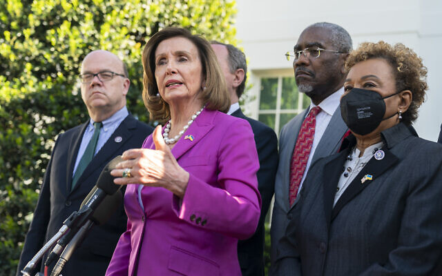 House Speaker Nancy Pelosi of Calif., with Rep. James McGovern, Democrat of Massachusetts, left to right, Rep. Greg Meeks, Democrat of NY and Rep. Barbara Lee, Democrat of California, and other members of the Congressional delegation that recently visited Ukraine, speaks to reporters outside the West Wing of the White House following a meeting with US President Joe Biden, May 10, 2022, in Washington. (AP Photo/Manuel Balce Ceneta) House Speaker Nancy Pelosi of Calif., with Rep. James McGovern, Democrat of Massachusetts, left to right, Rep. Greg Meeks, Democrat of NY and Rep. Barbara Lee, Democrat of California, and other members of the Congressional delegation that recently visited Ukraine, speaks to reporters outside the West Wing of the White House following a meeting with US President Joe Biden, May 10, 2022, in Washington. (AP Photo/Manuel Balce Ceneta)