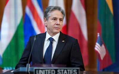 US Secretary of State Antony Blinken attends the Informal Meeting of NATO Ministers of Foreign Affairs in Berlin, Germany, May 15, 2022. (Kevin Lamarque/Pool via AP)