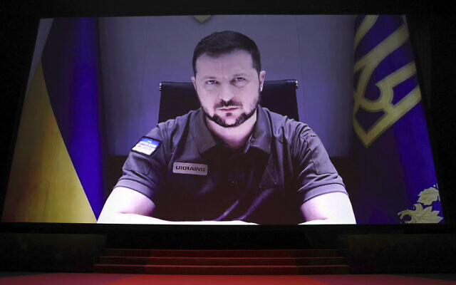 President of Ukraine Volodymyr Zelensky appears via remote link during the opening ceremony of the 75th international film festival, Cannes, southern France, Tuesday, May 17, 2022. (Vianney Le Caer/Invision/AP) President of Ukraine Volodymyr Zelensky appears via remote link during the opening ceremony of the 75th international film festival, Cannes, southern France, Tuesday, May 17, 2022. (Vianney Le Caer/Invision/AP)