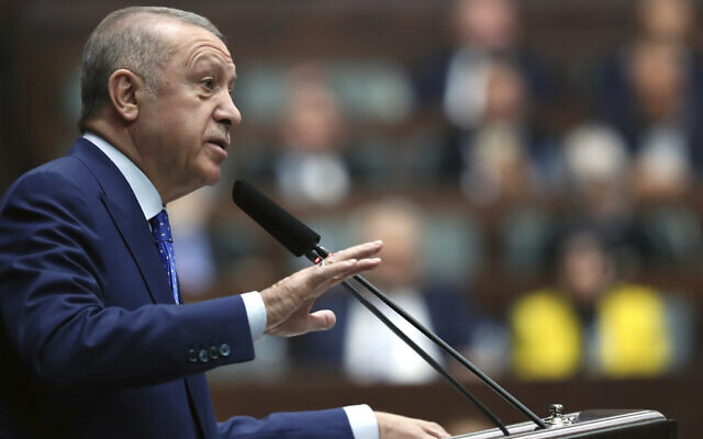 Turkish President Recep Tayyip Erdogan addresses his ruling party legislators, in Ankara, Turkey, May 18, 2022. (Turkish Presidency via AP Photo) Turkish President Recep Tayyip Erdogan addresses his ruling party legislators, in Ankara, Turkey, May 18, 2022. (Turkish Presidency via AP Photo)