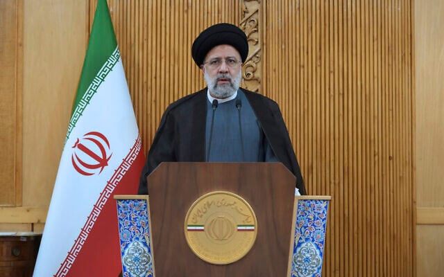 Iranian President Ebrahim Raisi speaks before departing Tehran's Mehrabad airport for a trip to Oman, May, 23, 2022. (AP Photo/Vahid Salemi) Iranian President Ebrahim Raisi speaks before departing Tehran's Mehrabad airport for a trip to Oman, May, 23, 2022. (AP Photo/Vahid Salemi)