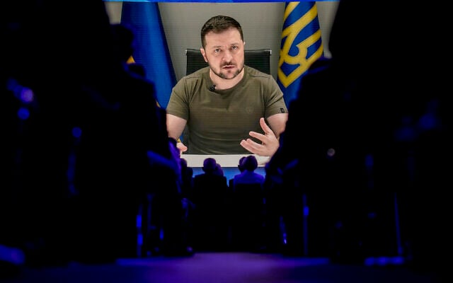 Ukrainian President Volodymyr Zelensky addressing the World Economic Forum in Davos, Switzerland, from Kyiv on May 23, 2022. (AP Photo/Markus Schreiber) Ukrainian President Volodymyr Zelensky addressing the World Economic Forum in Davos, Switzerland, from Kyiv on May 23, 2022. (AP Photo/Markus Schreiber)
