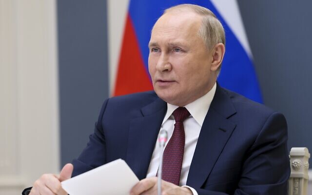 Russian President Vladimir Putin speaks in a video call with heads of states that are members of the Eurasian Economic Forum in Bishkek via videoconference in Moscow, Russia, May 26, 2022. (Mikhail Metzel, Sputnik, Kremlin Pool Photo via AP) Russian President Vladimir Putin speaks in a video call with heads of states that are members of the Eurasian Economic Forum in Bishkek via videoconference in Moscow, Russia, May 26, 2022. (Mikhail Metzel, Sputnik, Kremlin Pool Photo via AP)