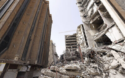 Ruins of a tower at under construction 10-story Metropol Building after it collapsed in the southwestern city of Abadan, Iran, in a photo released May 27, 2022. (Iranian Senior Vice-President Office via AP)