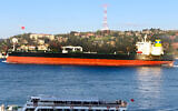 The Greek-flagged oil tanker Prudent Warrior, one of the ships seized by Iran, is seen as it sails past Istanbul, Turkey, April 19, 2019. (Dursun Çam via AP)