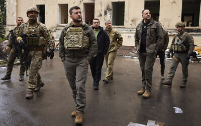 In this photo provided by the Ukrainian Presidential Press Office on May 29, 2022, Ukrainian President Volodymyr Zelensky visits the war-hit Kharkiv region. (Ukrainian Presidential Press Office via AP)