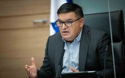 Blue and White MK Michael Biton leads an Economic Affairs Committee meeting at the Knesset, in Jerusalem on December 7, 2021. (Yonatan Sindel/Flash90)