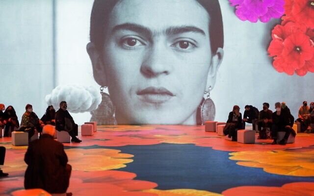 A portrait of Frida Kahlo, magnified many times over for 'Frida Kahlo, The Life of an Icon,' a global exhibit coming to Israel May 26, 2022 (Courtesy 'Frida Kahlo, The Life of an Icon') A portrait of Frida Kahlo, magnified many times over for 'Frida Kahlo, The Life of an Icon,' a global exhibit coming to Israel May 26, 2022 (Courtesy 'Frida Kahlo, The Life of an Icon')