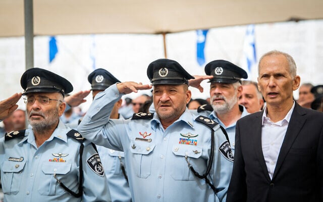 Police chief Kobi Shabtai, Public Security Omer Barlev and Israeli police officers at the Israel Police Independence Day ceremony at the National Headquarters of the Israel Police in Jerusalem, May 1, 2022. (Arie Leib Abrams/Flash90) Police chief Kobi Shabtai, Public Security Omer Barlev and Israeli police officers at the Israel Police Independence Day ceremony at the National Headquarters of the Israel Police in Jerusalem, May 1, 2022. (Arie Leib Abrams/Flash90)