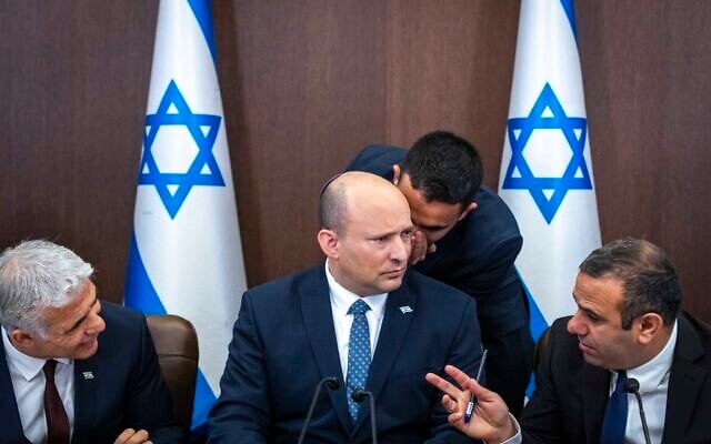 Prime Minister Naftali Bennett leads a cabinet meeting at the Prime Minister's Office in Jerusalem on May 8, 2022 (Olivier Fitoussi/Flash 90) Prime Minister Naftali Bennett leads a cabinet meeting at the Prime Minister's Office in Jerusalem on May 8, 2022 (Olivier Fitoussi/Flash 90)